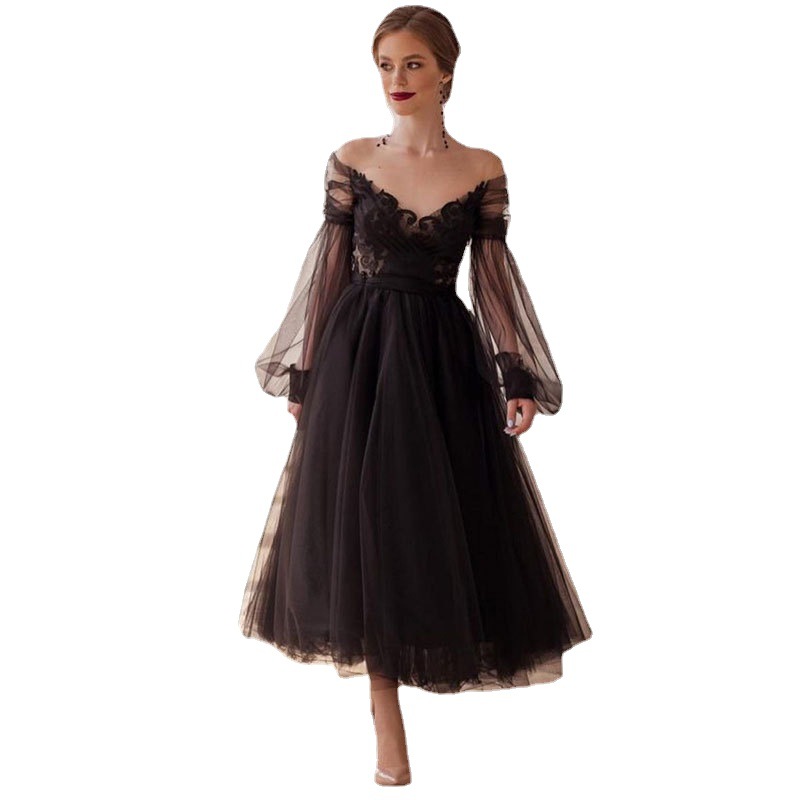 Comercio exterior europeo y americano Amazon AliExpress deseo Mujeres Nuevo sexy V-cuello burbuja manga larga vestido de noche image 5