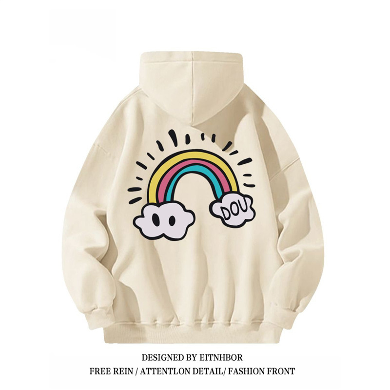 Silver Fox Velvet Hong Kong Trendyy Cartoon Rainbow Hooded Sweatshirt Couple Style Fleece-lined Loose Autumn and Winter ins Jacket for Men