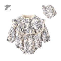 洋氣嬰兒衣服純棉紗布水墨畫哈衣長袖女寶寶三角包屁連體衣送帽子