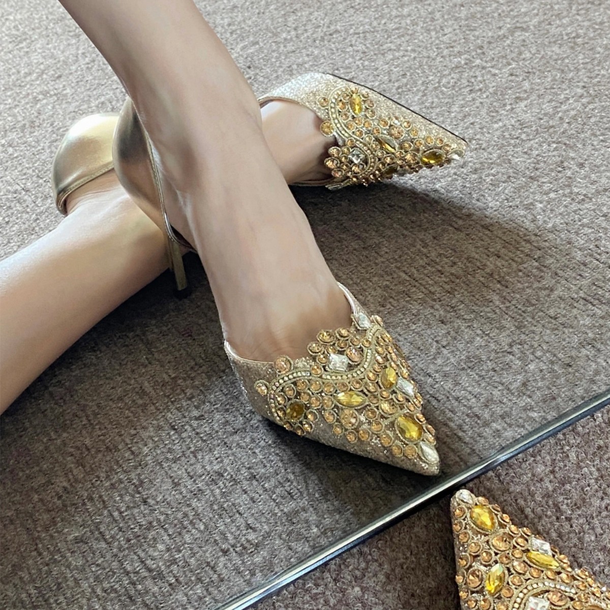 Xi Yanxiuhe Wedding Shoes, Bridal Shoes, French Hollow Toe Stiletto Sandals, High-End Rhinestone Banquet High Heels for Women