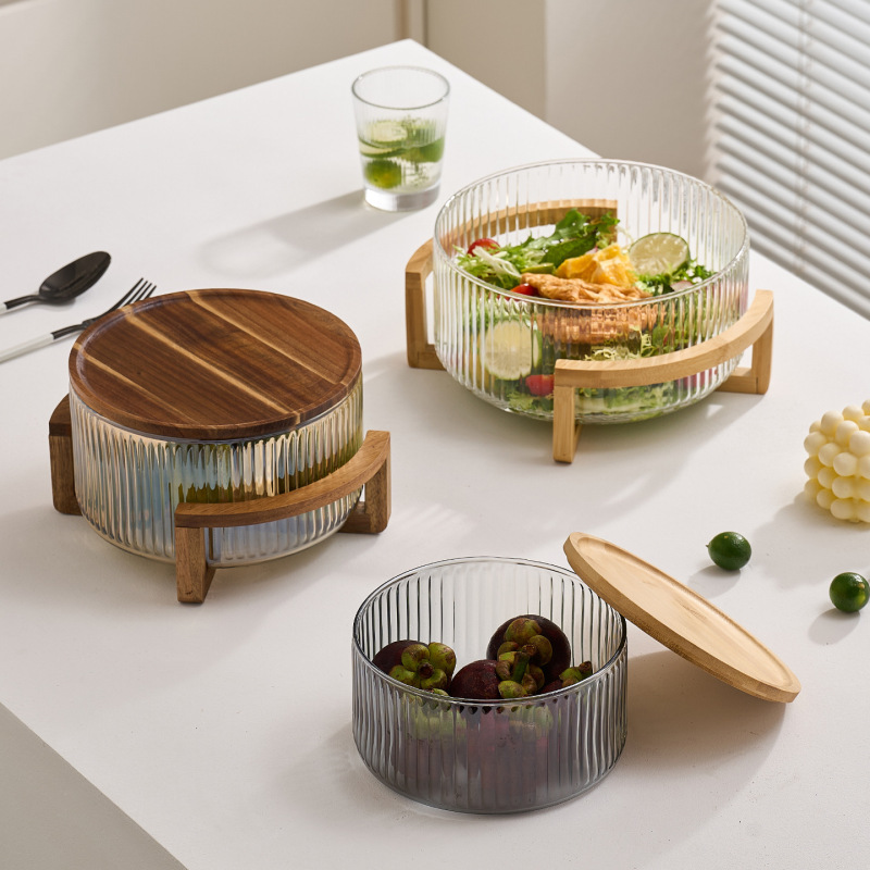 简约竖条纹玻璃果盘沙拉碗自助凉菜盆带盖收纳家用零食糖果干果盆|undefined