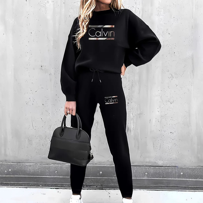 European and American Letter Sweatshirt Suit Women's Casual Cross-Border English Letter Printing Autumn and Winter Fleece-Lined Style 0019 Printing