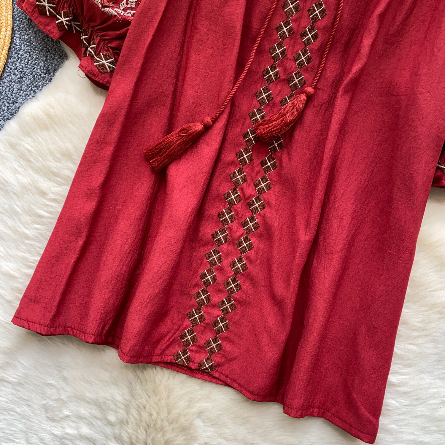 Elegant French Style Blouse for Women Red Embroidered Puff Sleeve Loose Fit Tie Waist Babydoll Top Spring Fashion_ecoleips.com