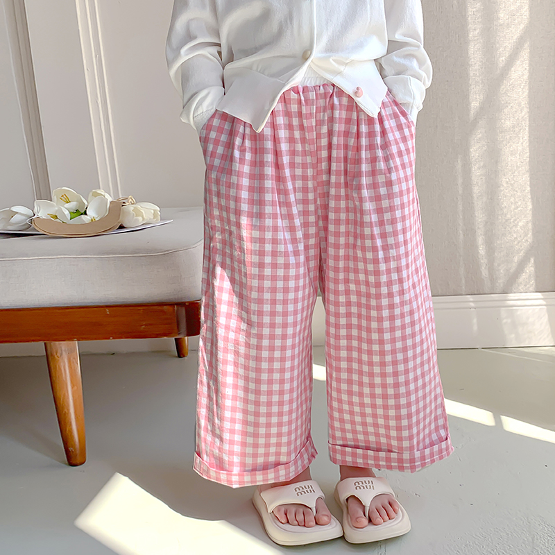 Tongsen Tongma Girls' Pants Summer Thin Style 2026 New Summer Children's Pink Plaid Pants Baby Sweet Early Summer