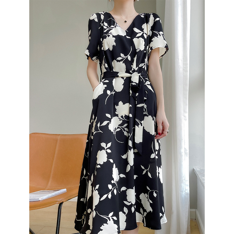 Light Luxury Satin Summer New V-Neck Floral Acetic Acid dress Women's Mid-length Lace-up Elegant Black and White Skirt
