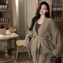 韩版慵懒风收腰系带针织开衫女秋冬新款外穿洋气宽松浴袍毛衣外套