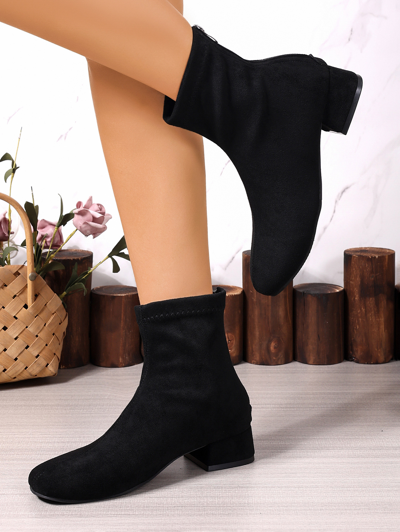Botas cowboy de camurça para mulher, botins retro com salto_voghion.com