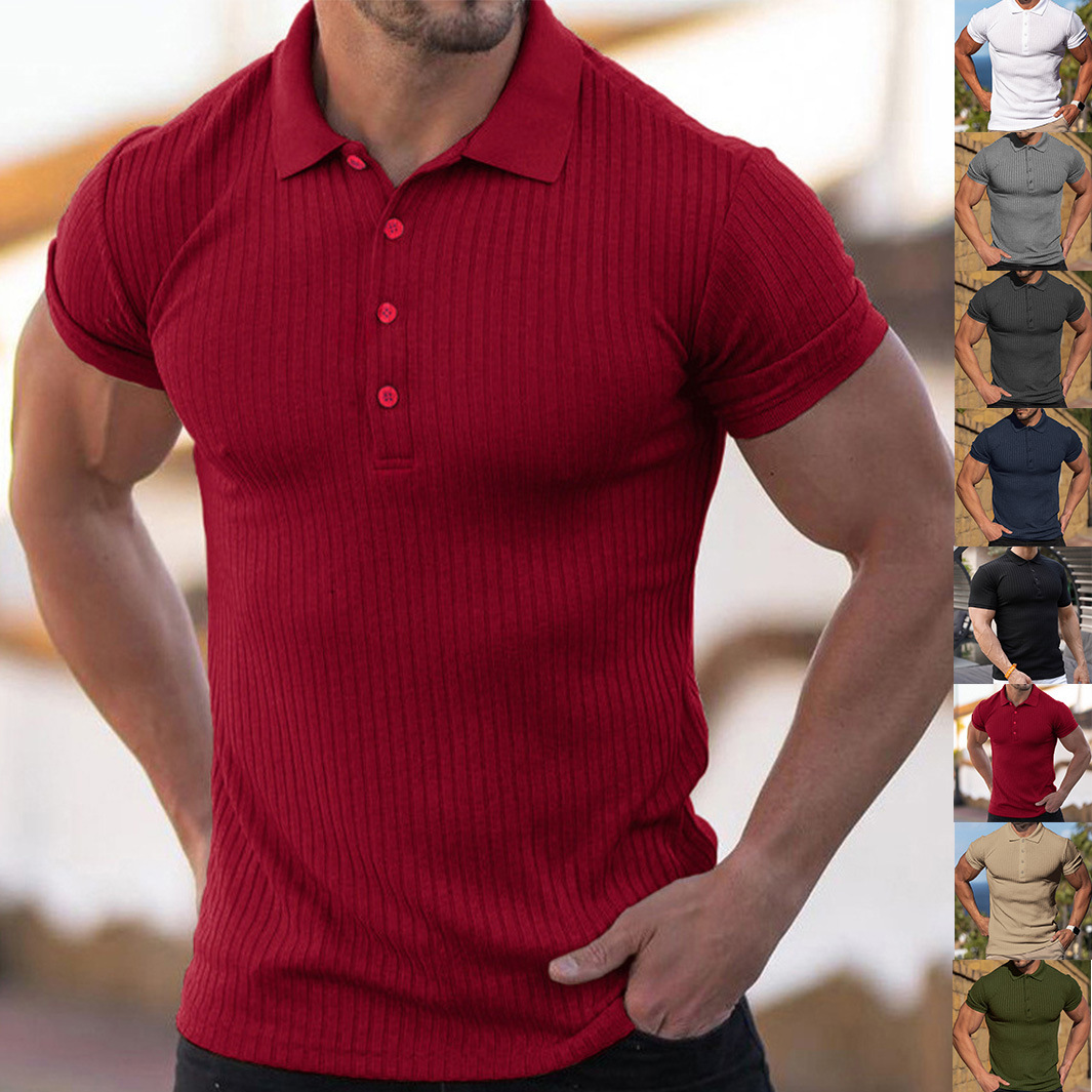 European and American Cross-Border Foreign Trade Wish Summer New Sports Fitness Casual Elastic Vertical Stripe Short-Sleeved Polo Shirt Men's Clothing
