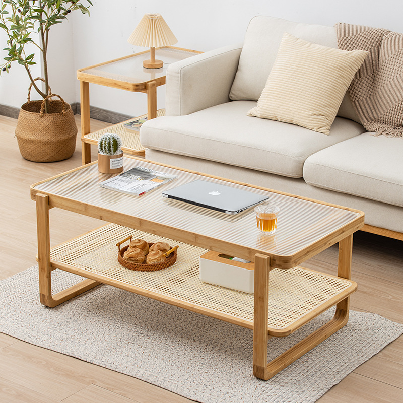 Mesa de café sala de estar nórdico simple pequeño apartamento mesa de té de vidrio templado cama y desayuno mesa de té de doble capa de ratán japonés nuevo