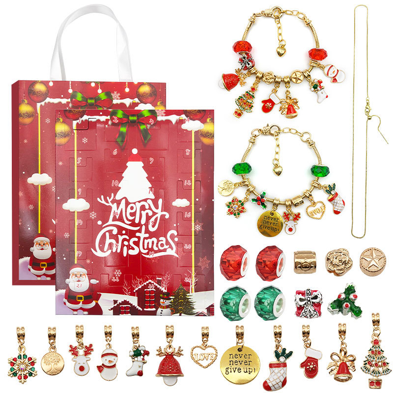 Rojo oro/plata Navidad 24 cuenta regresiva calendario ciego caja DIY dibujos animados niños regalo pulsera traje