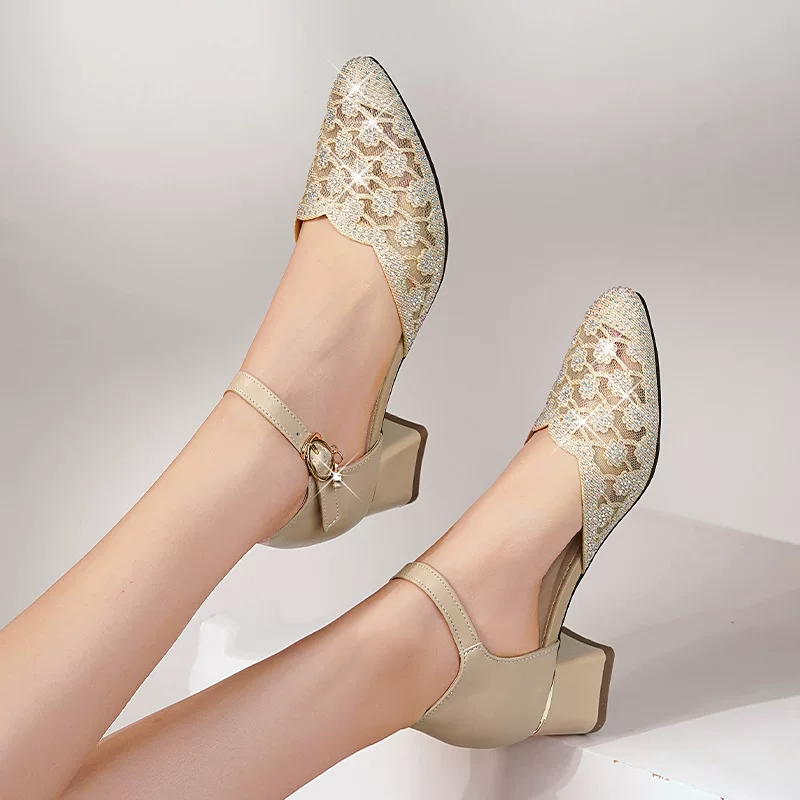 DM7563 24 Весенние женские босоножки на сетке с кружевами иankle strap, 4см блок-каблук