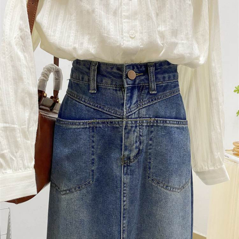 Shanlida ディ レトロ スリット デニム スカート レディース 春と秋の新しいスタイル 小さめ ハイウエスト Aライン|undefined