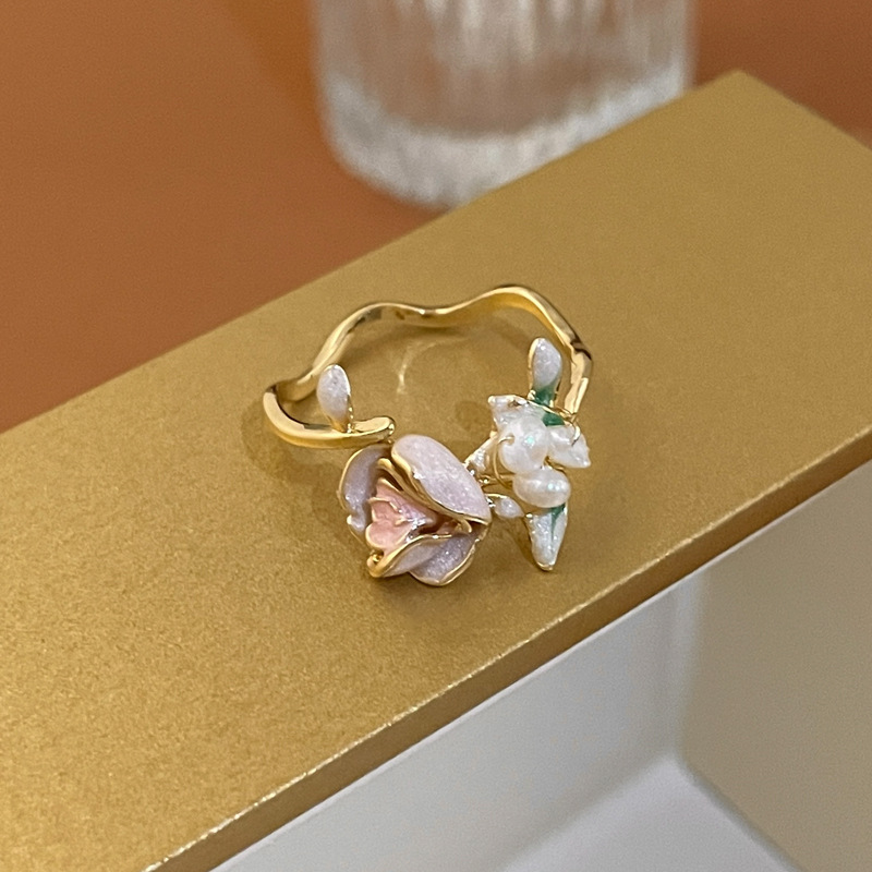 Flower Pattern Women'S Gender Sweet Flower Metal Plating Inlay Pearl Zircon Gold Plated Women's Open Ring