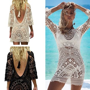 Cross-border Explosions European and American Sexy Hollow Backless Beach Sunscreen Shirt Seaside Vacation Crochet Bikini Blouse Tri-color