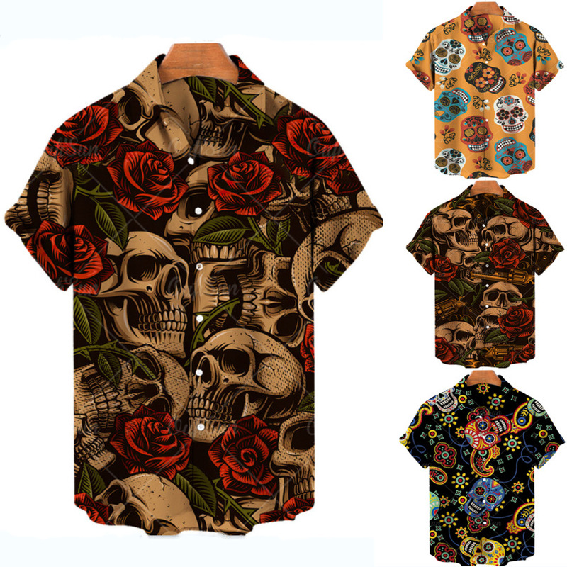 Amazon Men's Short Sleeve Shirt Hawaii Beach Holiday Solitaire Skull Thin Printed Casual Lapel Shirt