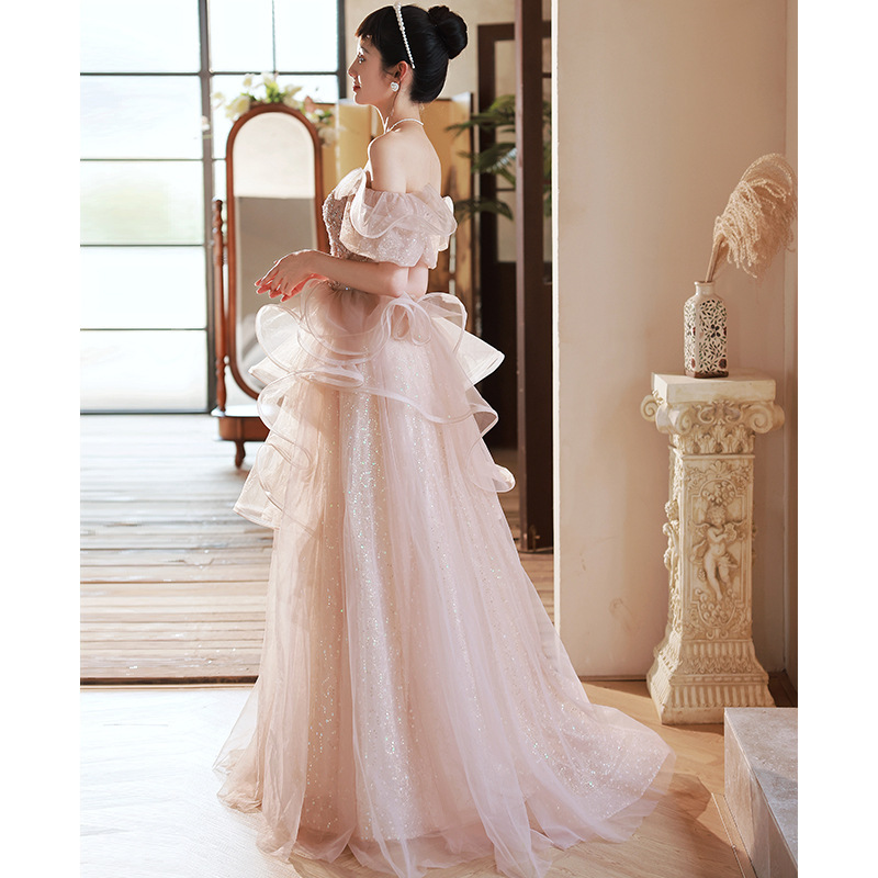 Vestido de noche Rosa 2024 verano y otoño Socialite elegante compromiso francés Mori Hada vestido de dama de honor vestido de noche fuera del hombro