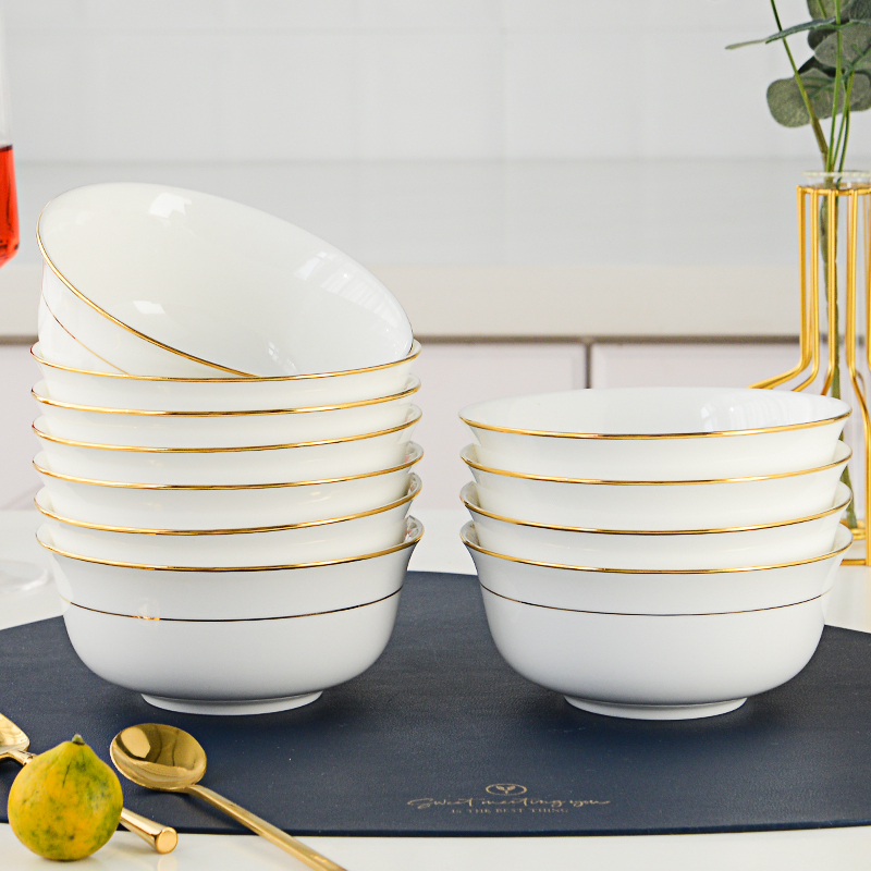 Tangshan Bone China Bowls, Set of 10, Gold-Rimmed 4.5-Inch Rice Bowls for Home Use, Soup Bowls, Plates, and Tableware Set