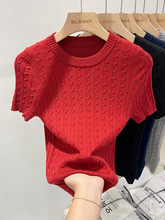 红色短袖针织衫女夏季2024新款感洋气修身短款打底衫内搭上衣