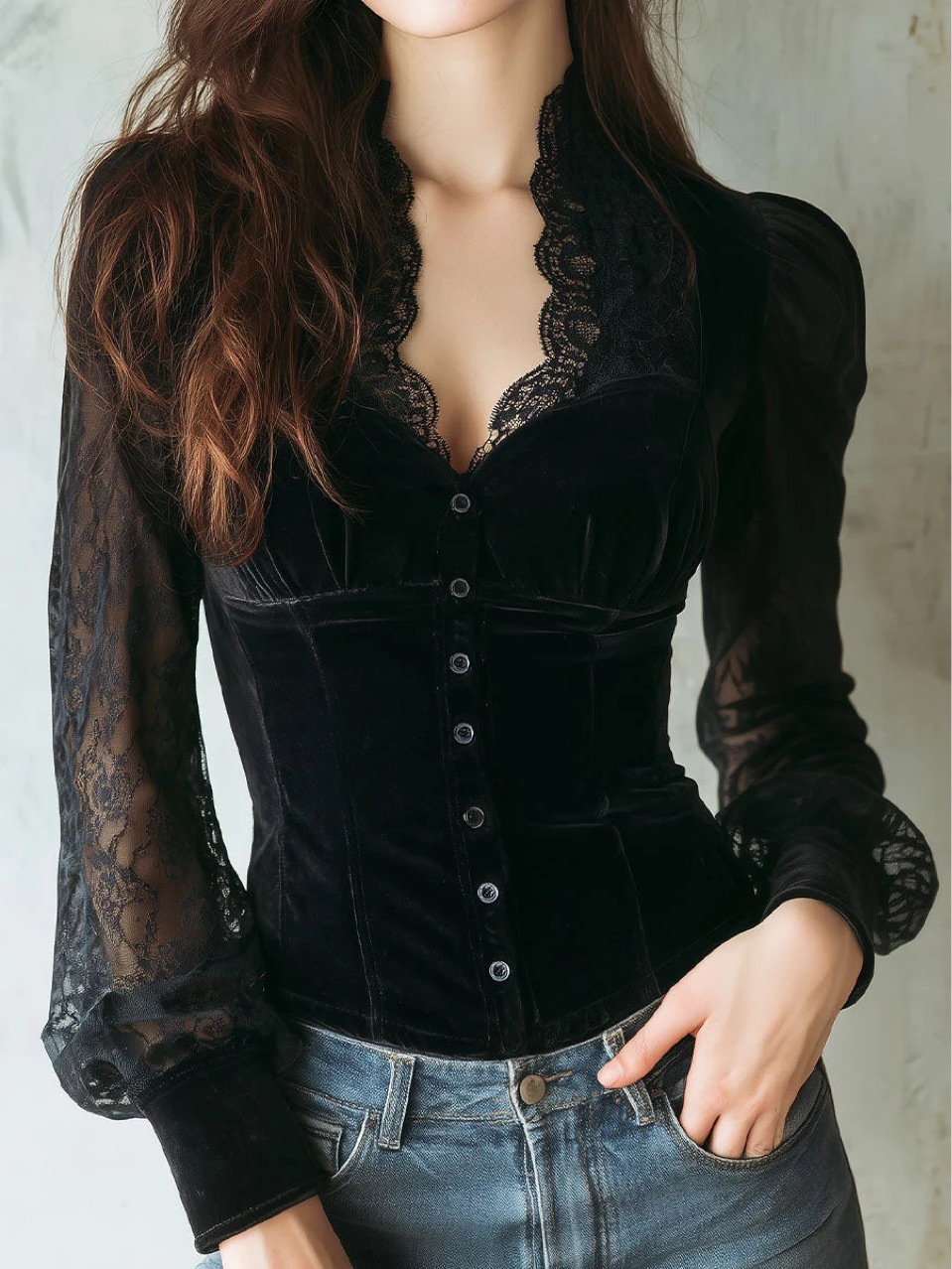 European American Pure-desire Style Sexy V-neck Lace Patchwork Long-sleeve Shirt, Unique And Elegant Women's Top_ecoleips.com