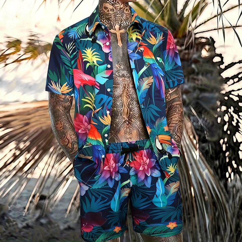 Summer Rainforest Vacation Style Flamingo Parrot Pattern Casual Short-Sleeved Shirt Set + Casual Drawstring Shorts Summer Summer Rainforest Vacation Style Flamingo Parrot Pattern Casual Short-Sleeved Shirt Set + Casual Drawstring Shorts Summer