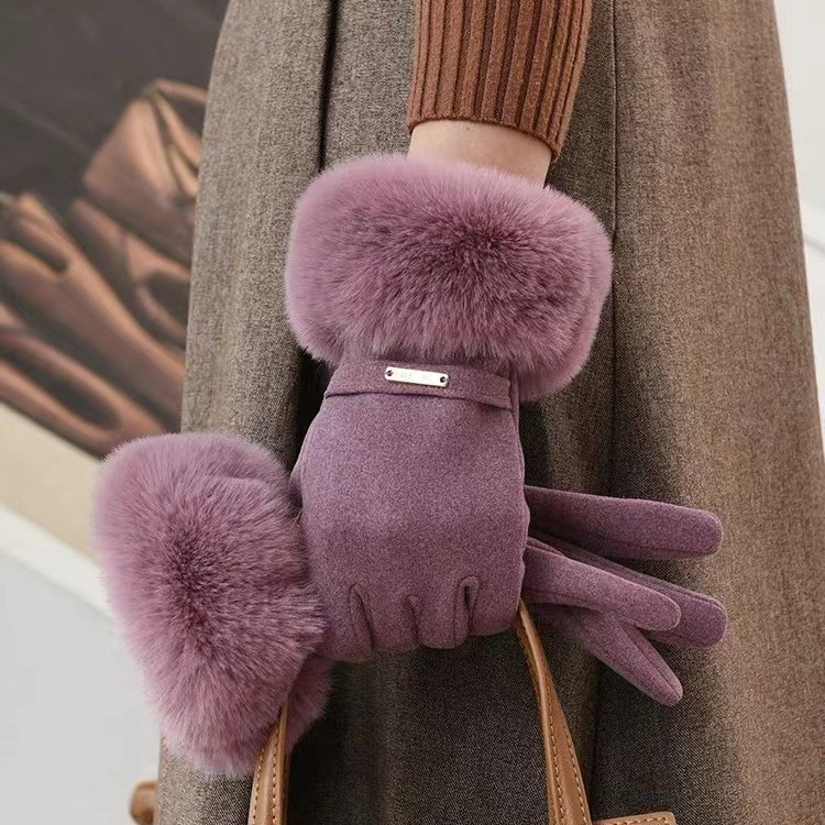 Winter Women's Warm Thickened Touchscreen Cycling Gloves with Fleece Lining, Outdoor Korean Fashion Style, Gold Label, Large Fur Trim, Aliexpress