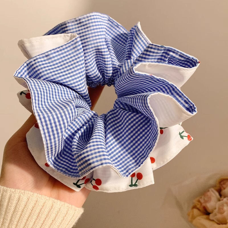 樱桃双层褶皱大肠发圈红色格子双拼蓝色格子田园风发圈马尾女头饰|undefined