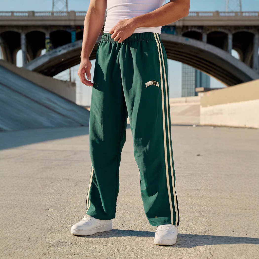 Youngla Cross-Border Hot-Selling Men's Sports Pants Double Stripesd Splicing Printed Pants Gym Sports Straight Pants