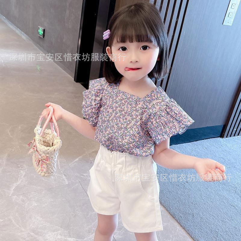 Nueva Niña de verano de dos piezas de manga volante traje floral Internet celebridad niños estilo coreano de moda bebé Niñas Ropa de verano