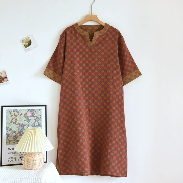 Retro short-sleeved skirt-rural flower Gray orchid