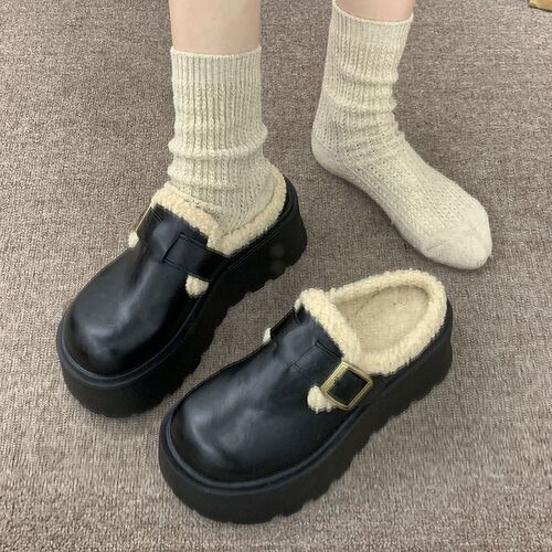 Chunky-sole height-increasing fleece-lined cotton shoes—autumn and winter new fashion all-match closed-toe Birkenstock-style cotton shoes for women, perfect for outdoor wear.