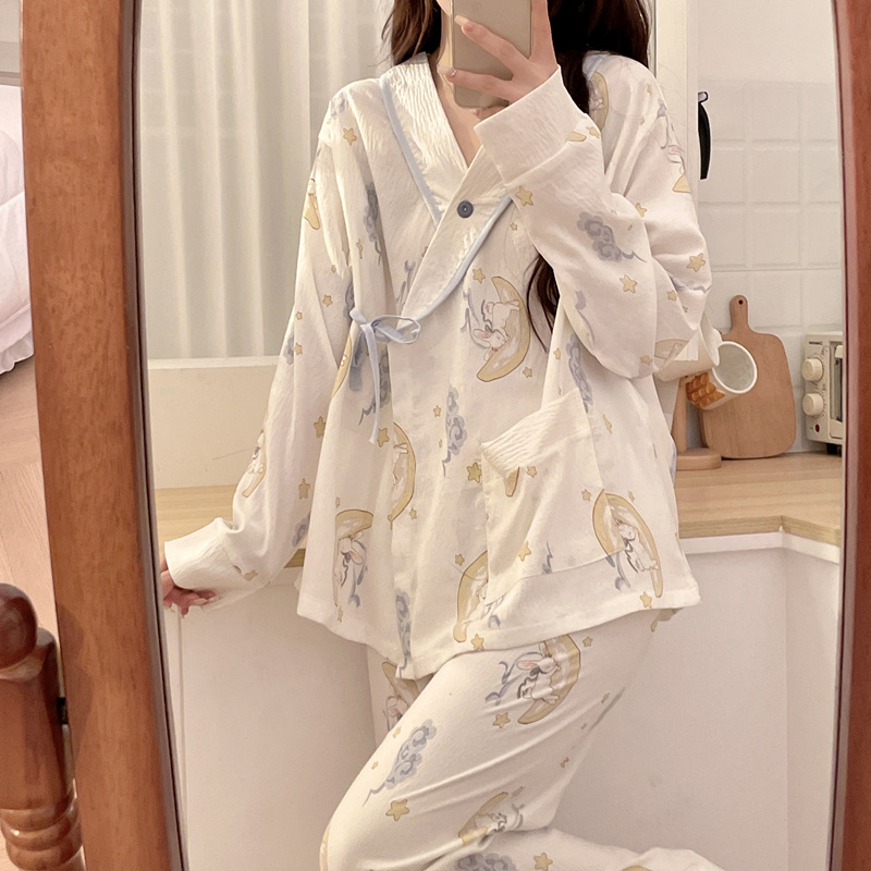 Summer Thin Confinement Clothes, Pure Cotton Wrinkled Cloth, Maternity Pajamas, Maternity Nursing Clothes, Adjustable Maternity Home Clothes