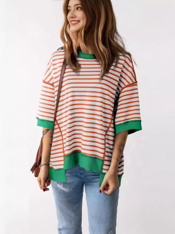 時穎の夏の新型のストライプは色の半袖のtシャツの女性の2024欧米のカジュアルでゆったりしているoversizeのプルオーバーをつづり合わせます。|undefined