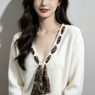 温柔休闲风V领丝巾针织开衫女宽松秋冬新款减龄毛衣洋气外套上衣