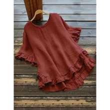T 88850 Ruffle crew neck short sleeve shirt ��Ҷ��Բ�����Ů