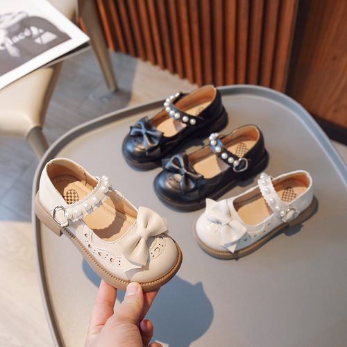 Children's Leather Shoes 2024 Spring New Girls Princess Shoes Fashion Bow Pearl Single Shoes Girls Shoes Cross-Border