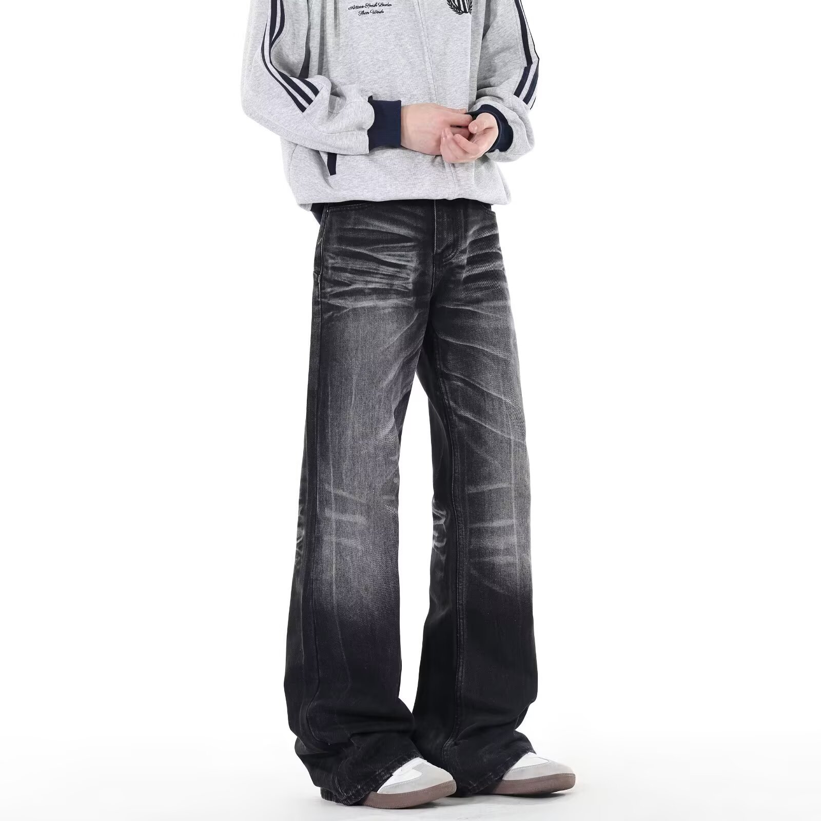 Men's Washed Black Bootcut Jeans Vintage Distressed Denim Pants_voghion.com