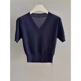 2641短袖V领针织衫2023夏季薄款