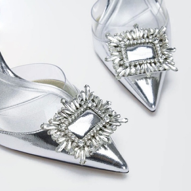 Rhinestone Silver High Heels 2025 Summer Pointed Toe Stiletto Heel Back Strap Patent Leather Transparent Toe Sandals Women's Stiletto Heels