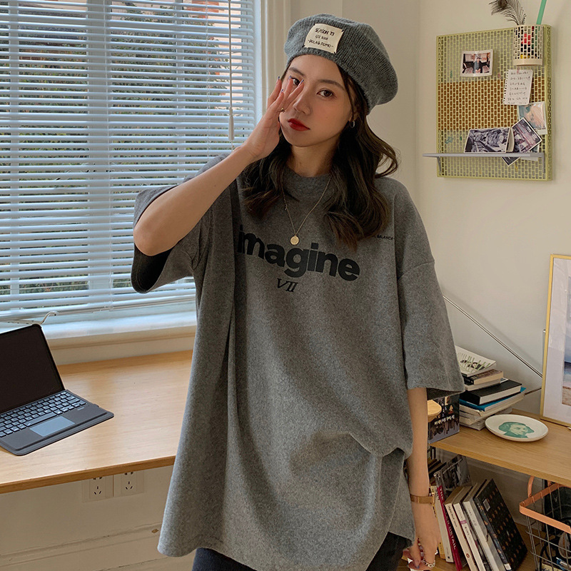 bf Style Loose Slimming Mid-length Front and Back Letter Printed Short-sleeved T-shirt Women's 2022 Summer ins Fashionable Top bf Style Loose Slimming Mid-length Front and Back Letter Printed Short-sleeved T-shirt Women's 2022 Summer ins Fashionable Top