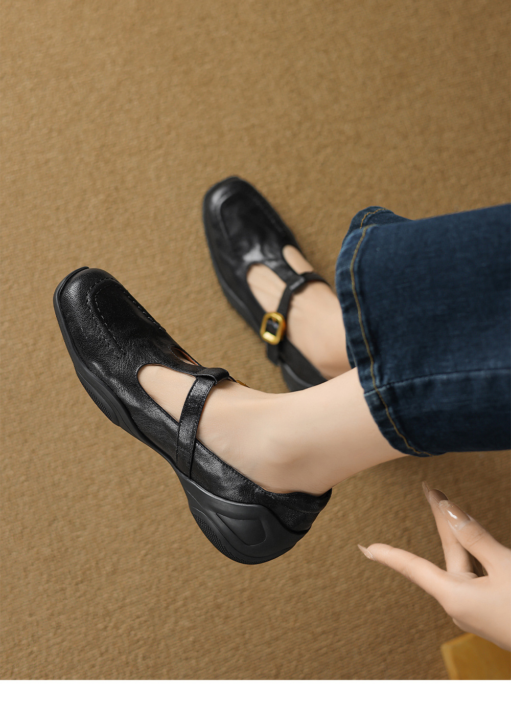 Giày sandal nữ quai ngang mũi nhọn đế dày da cừu buộc dây — màu nâu chi tiết 9