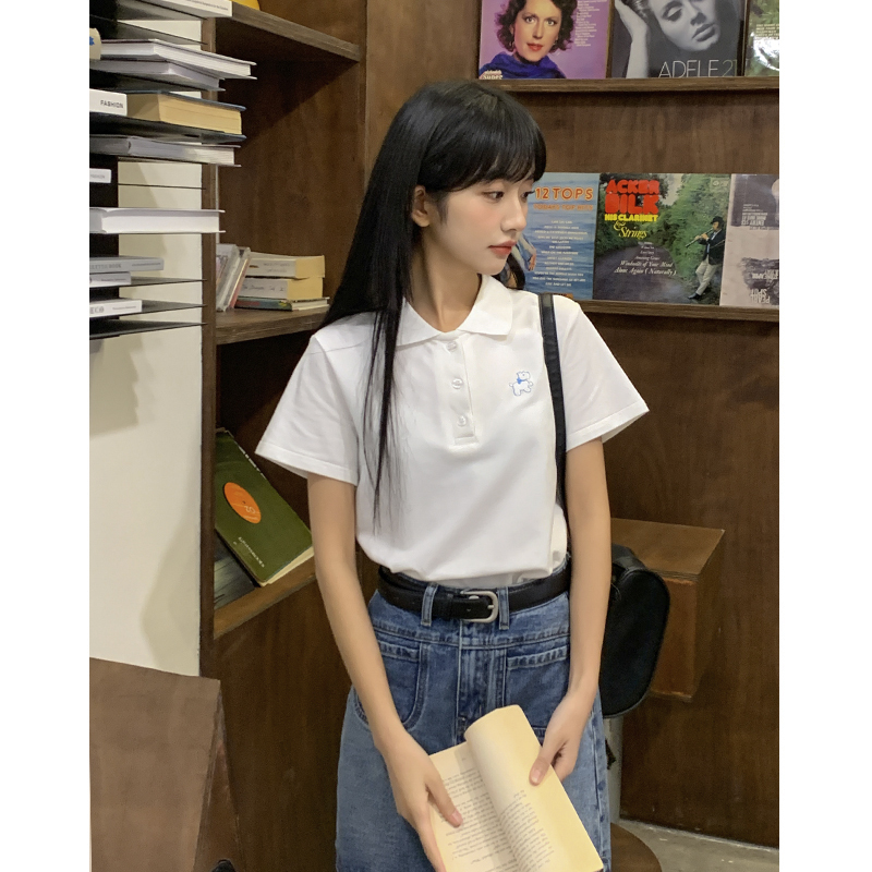 White Preppy Style Right Shoulder Pure Cotton Short-Sleeved T-Shirt for Women Summer New Loose Slimming Look Puppy Embroidered Lapel Polo Shirt White Preppy Style Right Shoulder Pure Cotton Short-Sleeved T-Shirt for Women Summer New Loose Slimming Look Puppy Embroidered Lapel Polo Shirt