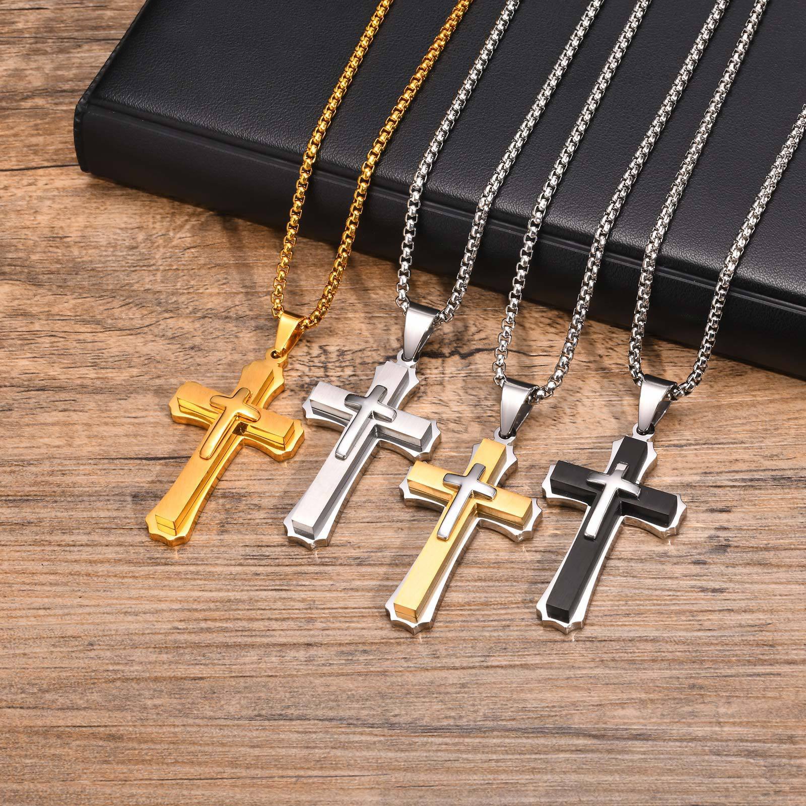 European and American Fashion Classic Double-Layer Cross Pendant Jewelry Personalized Retro Hip-Hop Trendy Titanium Steel Necklace Men's Jewelry