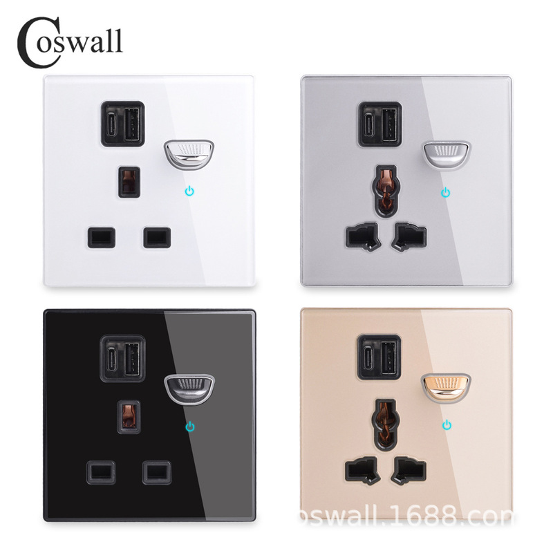 86 British multi-hole USB & typec toggle reset switch tempered glass foreign trade wall socket full series