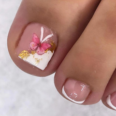 Pure Desire White French Nail Style Cute Pastel Butterfly False Nail Nail Art for Feet