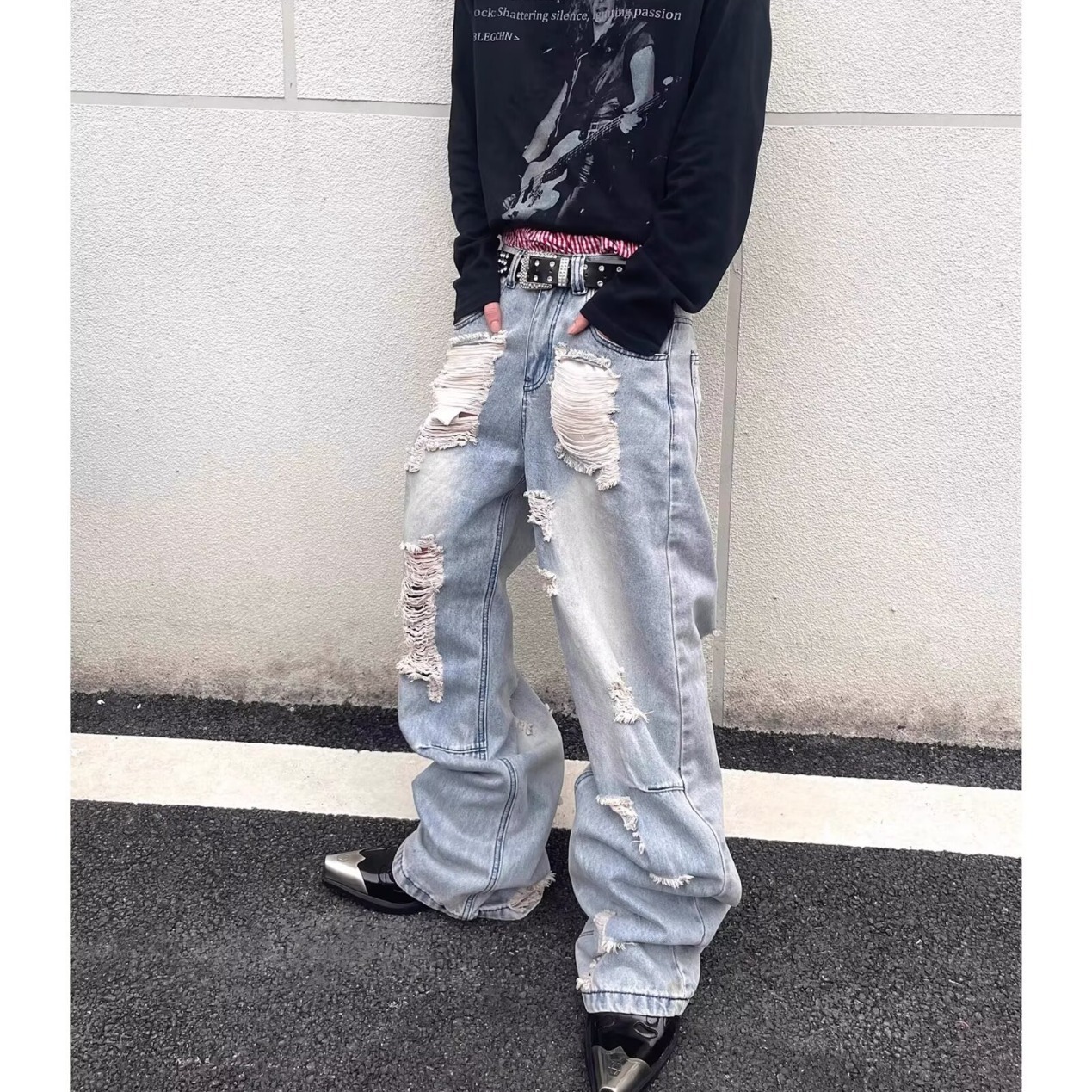 Men's American High Street Style Washed Ripped Jeans Loose Straight Leg Casual Edgy Slightly Flared Blue Mid Waist Zipper Fly_mkmklike.com
