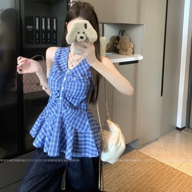 韩系蓝色格纹无袖吊带衬衫女夏季新款法式小众设计感显瘦宽松上衣|undefined