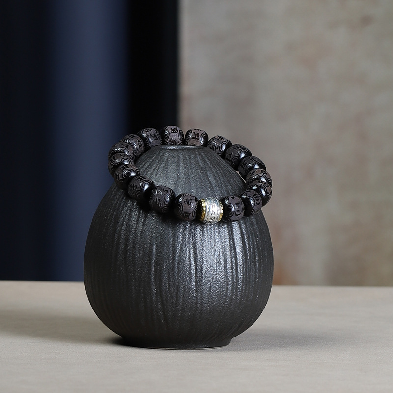 Ebony DIY Design Single Circle Carved Auspicious Cloud Six-Character Motto Buddhist Bead Bracelet Men's and Women's Jewelry