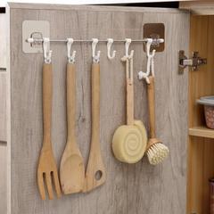 Cross-border wholesale movable traceless kitchen wall-mounted hooks, adhesive no-drill bathroom stainless steel 6-row hooks
