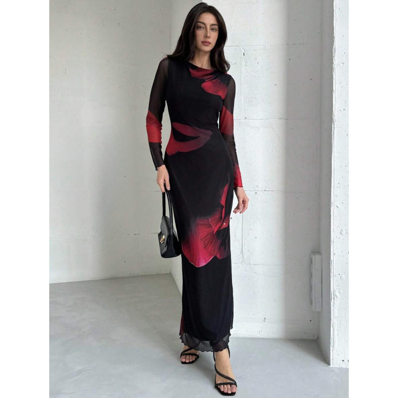 Xiyin Amazon 2025 Elastic Mesh Printed Slimming Bodycon Long Sleeve Dress with Elastic Lining