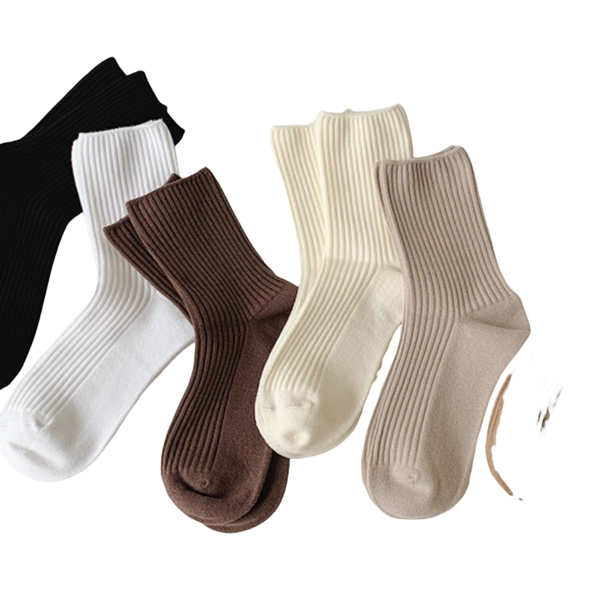 High ribbed socks set, 5 pairs cotton, women's crew socks, one size